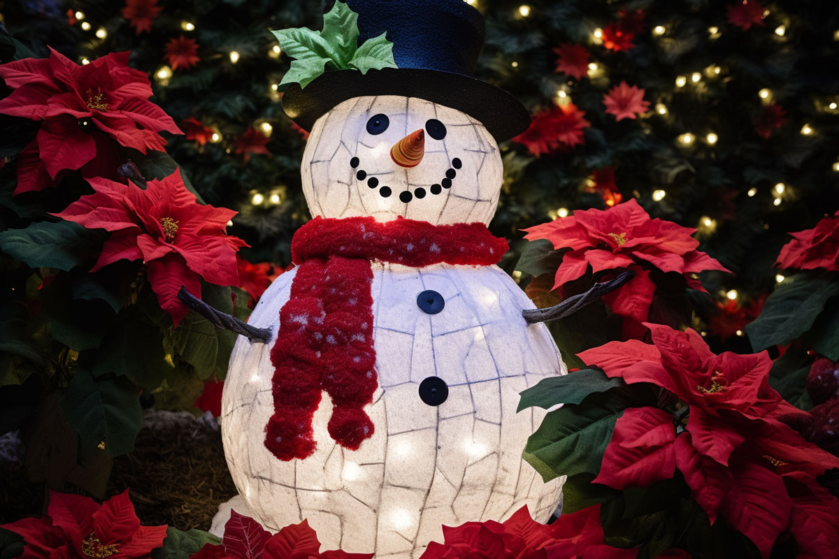 A gorgeous Christmas decoration matched with a Snowman and poinsettia flowers