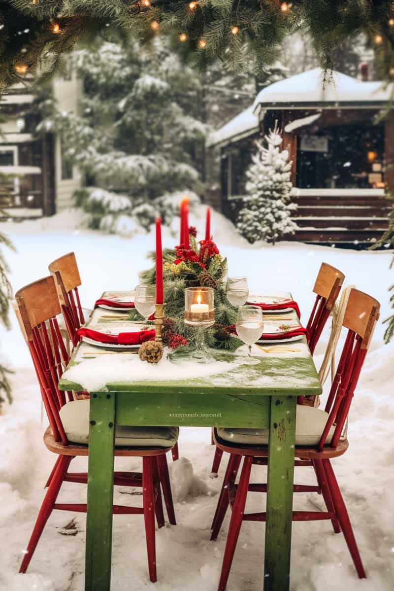 Wooden chairs and a green table matching a Christmas theme