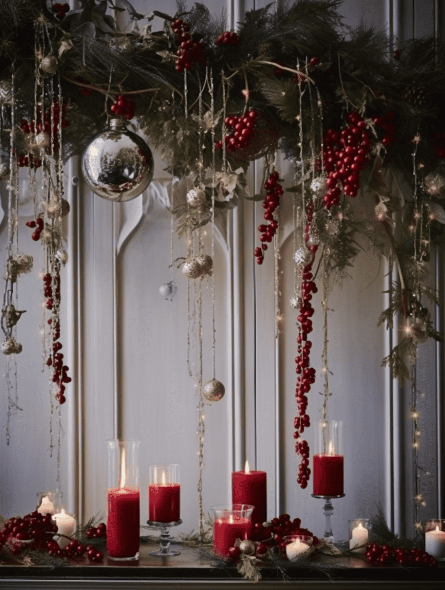 A festive garland rich with winter berries and green leaves, illuminated by warm fairy lights, drapes elegantly across a white paneled wall, from which an array of Christmas ornaments in red, silver, and gold hang on ribbons and strings, complemented by lit candles below