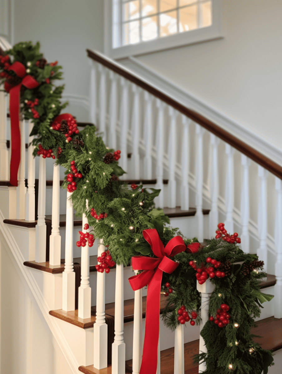 A charming holiday garland winds along a wooden stair banister, featuring deep green leaves and clusters of bright winter berries, accented with a plush red velvet bow, all set against the backdrop of a white stairwell and light wooden steps in a home’s interior