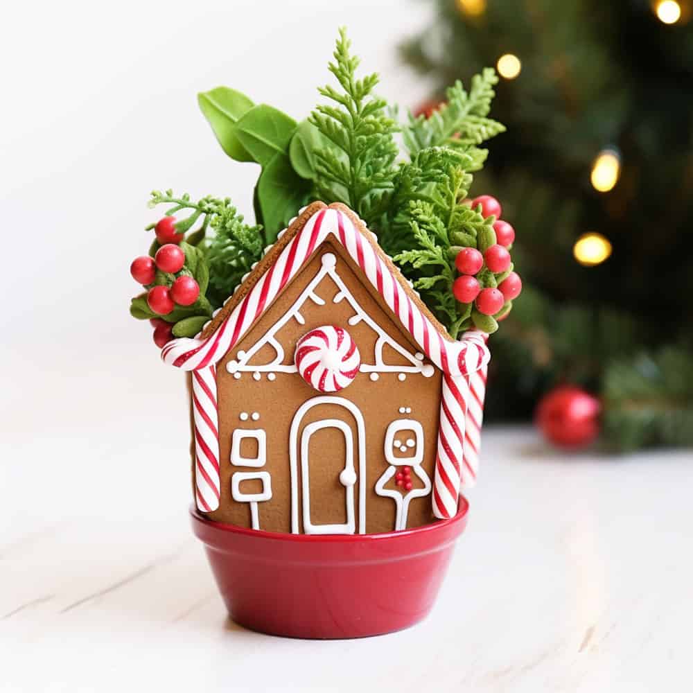 Gingerbread House shaped Planter: Create a mini gingerbread house scene complete with candy cane sticks and greenery