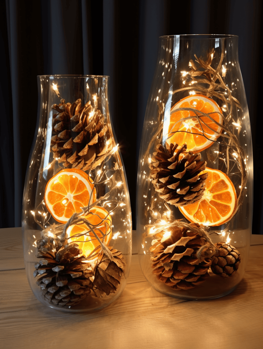 Two glass vases with pinecones, dried orange slices, and fairy lights inside