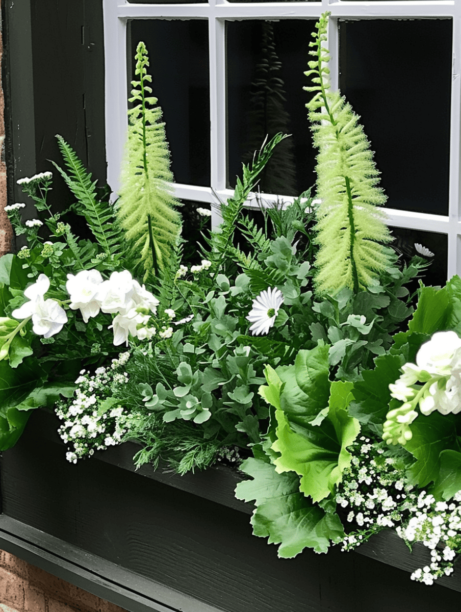 Lush greenery dominates this window box, with delicate ferns and leafy plants, punctuated by hints of white flowers, all set against the dark backdrop of a window with divided panes ar 3:4