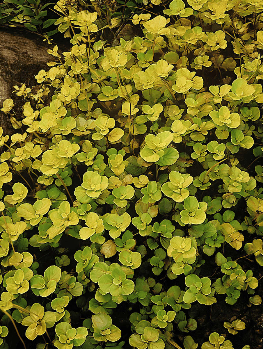 Golden Creeping Jenny plants with their vibrant yellow-green, rounded leaves bathing in sunlight ar 3:4