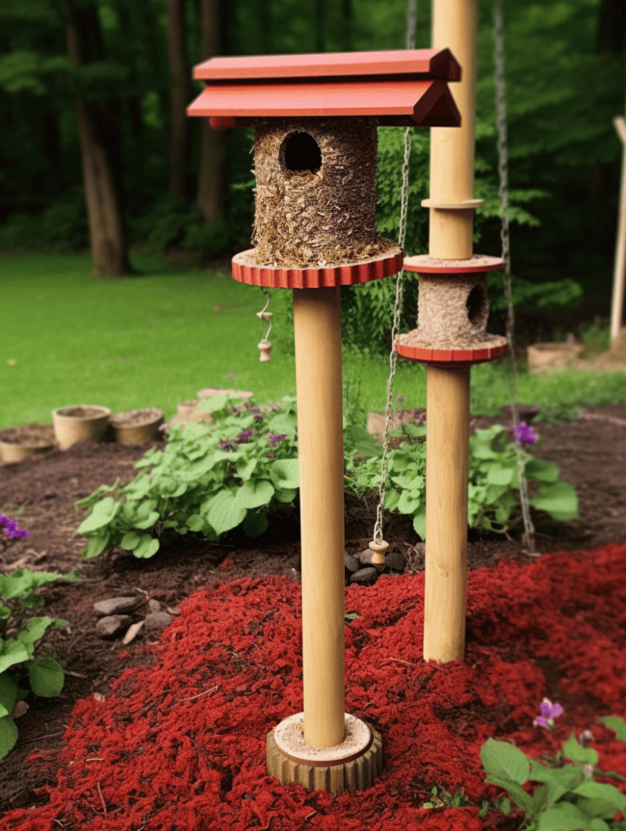 A handcrafted bird feeder with a red roof stands on a sturdy wooden post amidst a garden with rich red mulch, flanked by green foliage and a second post with hanging feeders, creating a serene backyard oasis ar 3:4