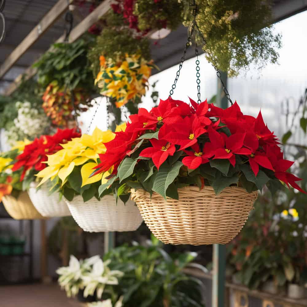 Hanging red and yellow poinsettias at a garden