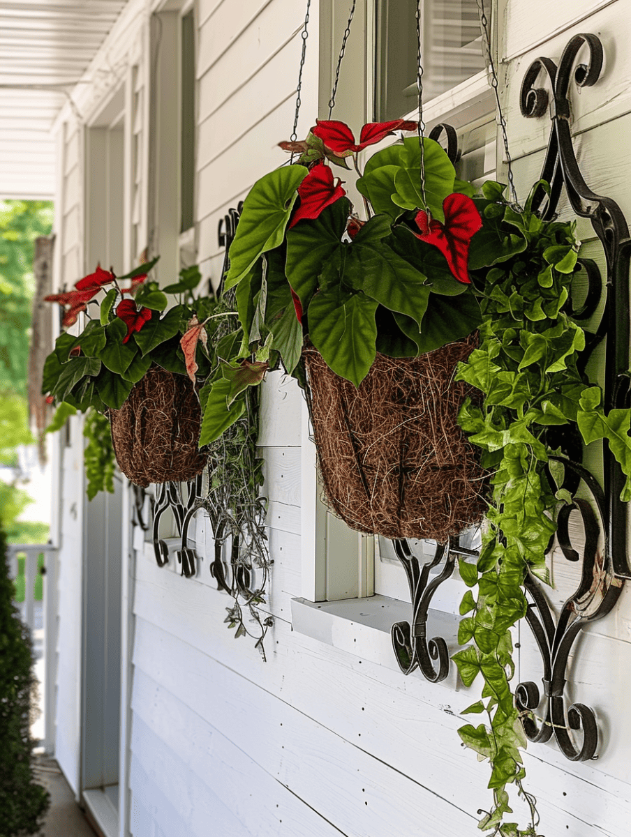 Hanging from ornate, black scrolled brackets against a white wooden siding, two coconut-fiber-lined baskets overflow with rich green foliage and vibrant red anthurium flowers, enhancing the cozy porch atmosphere ar 3:4
