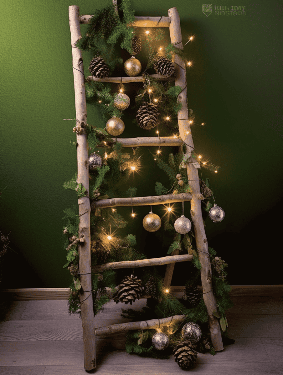 Decorative ladder with green foliage, pinecones, baubles, and warm lights against a green wall
