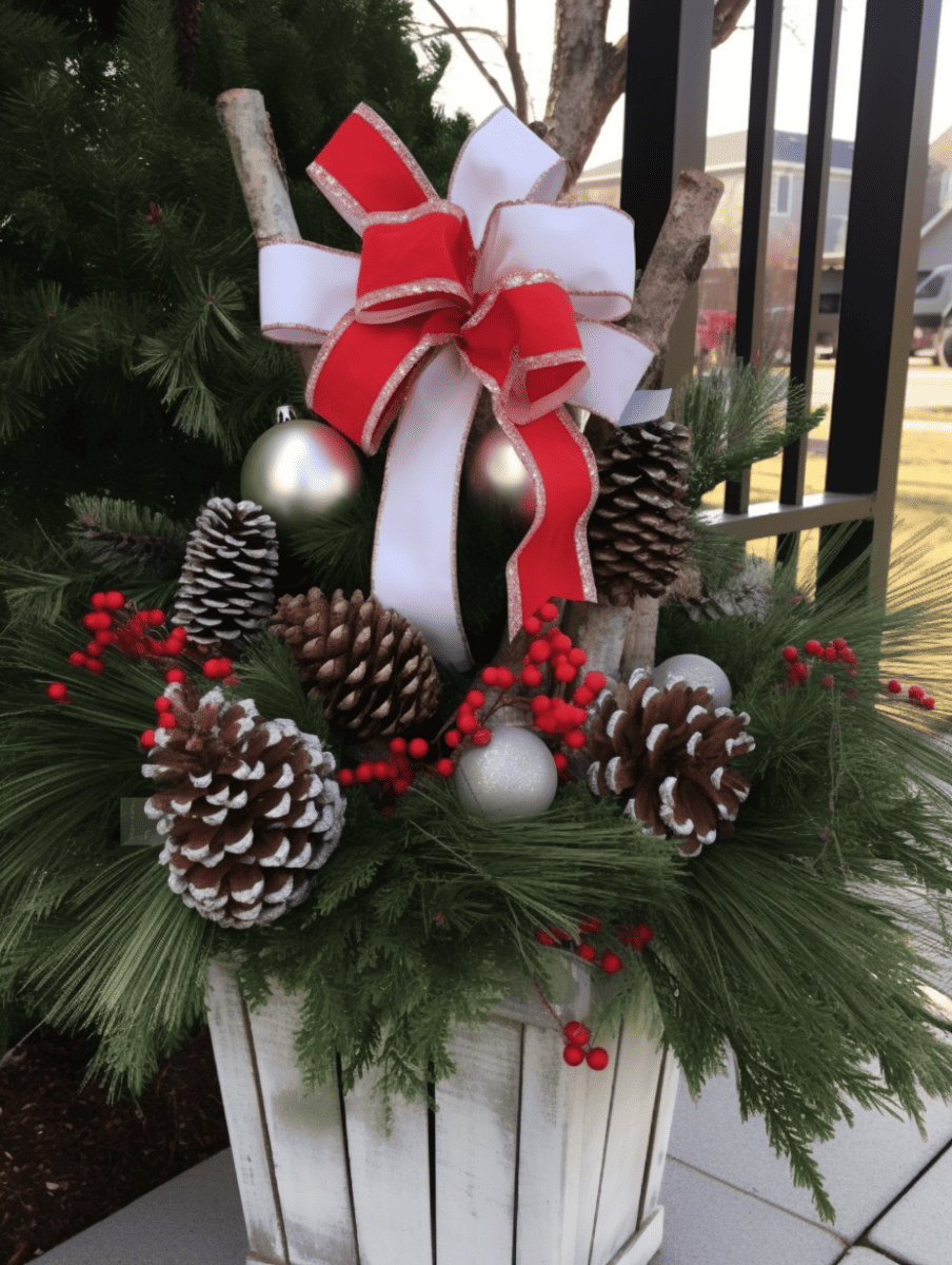 White planter with evergreens, red berries, pinecones, and a large bow