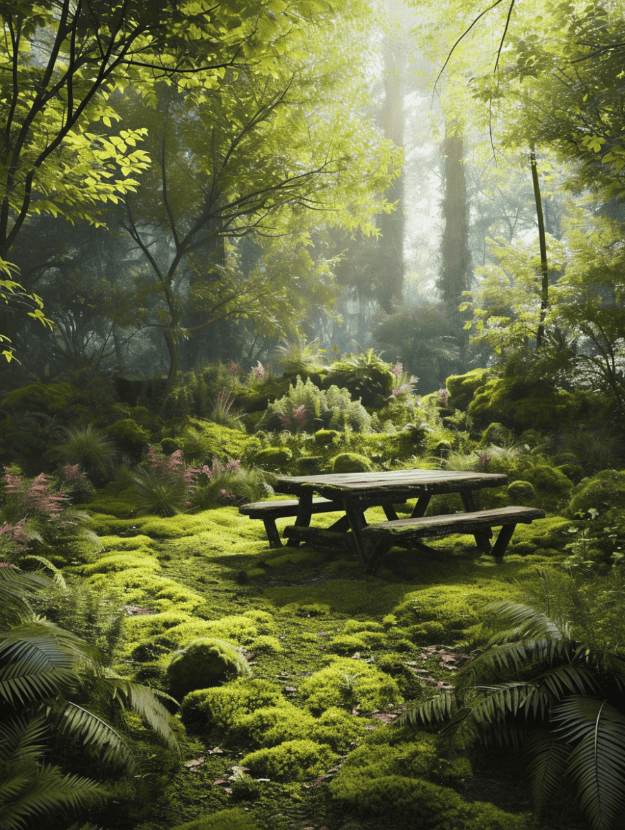 In a tranquil forest clearing, a wooden picnic table sits surrounded by a thick carpet of moss, illuminated by shafts of sunlight filtering through the dense canopy above, inviting a private picnic in nature's embrace ar 3:4