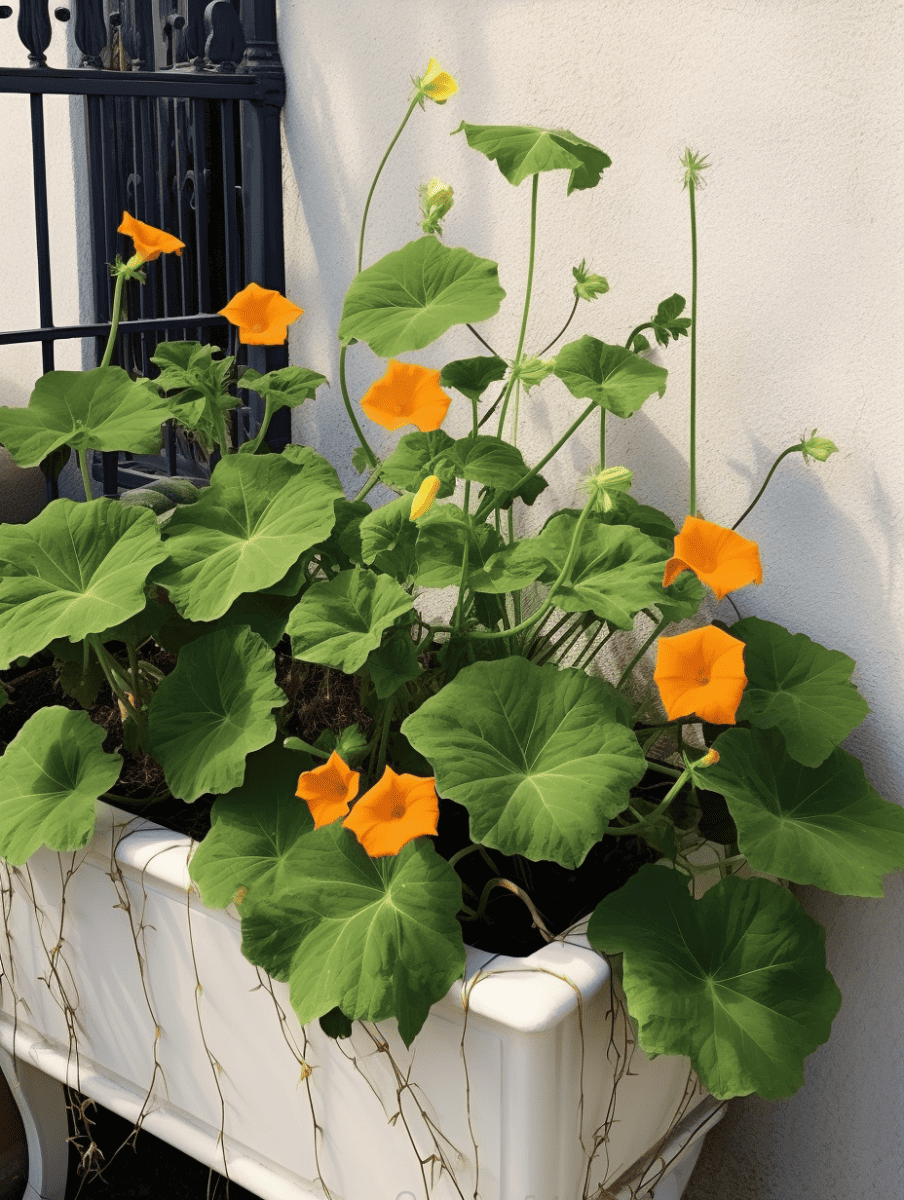 In a white container against a light wall, green pumpkin vines with large leaves and bright orange flowers climb upward ar 3:4