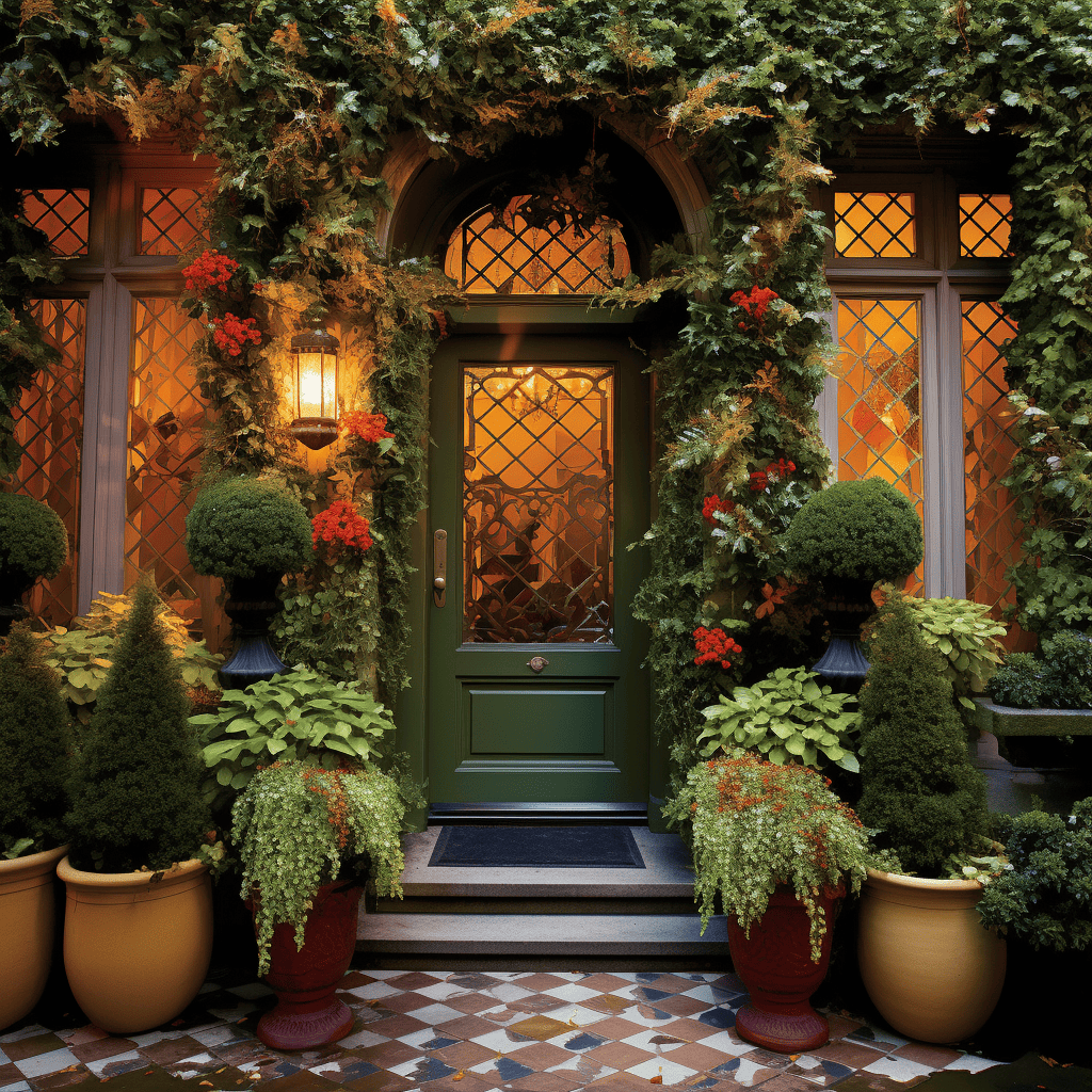 colorful Ivy-Covered Entryway with classic evergreens