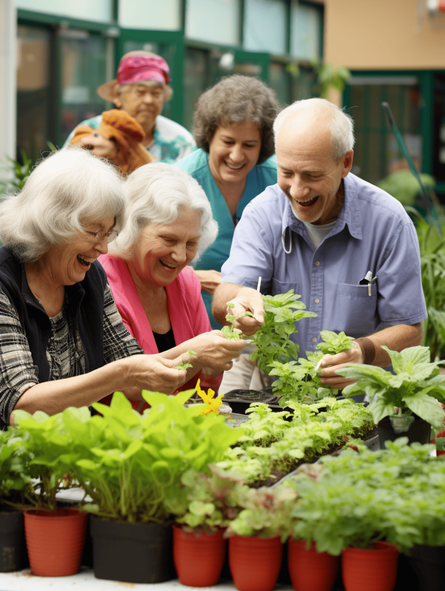 Joyful seniors actively participate in a garden community outreach program, sharing smiles and handling young plants, indicative of a group engaged in social gardening activities ar 3:4