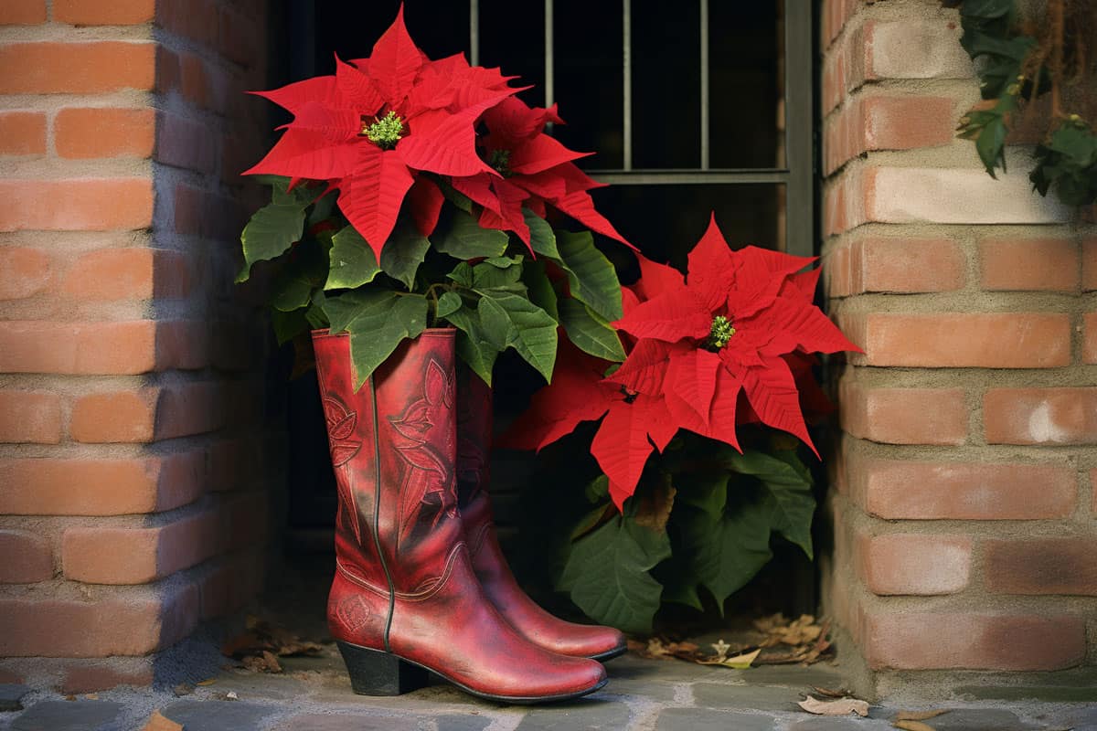 Old disposed boots improvised as a pot for poinsettia plant