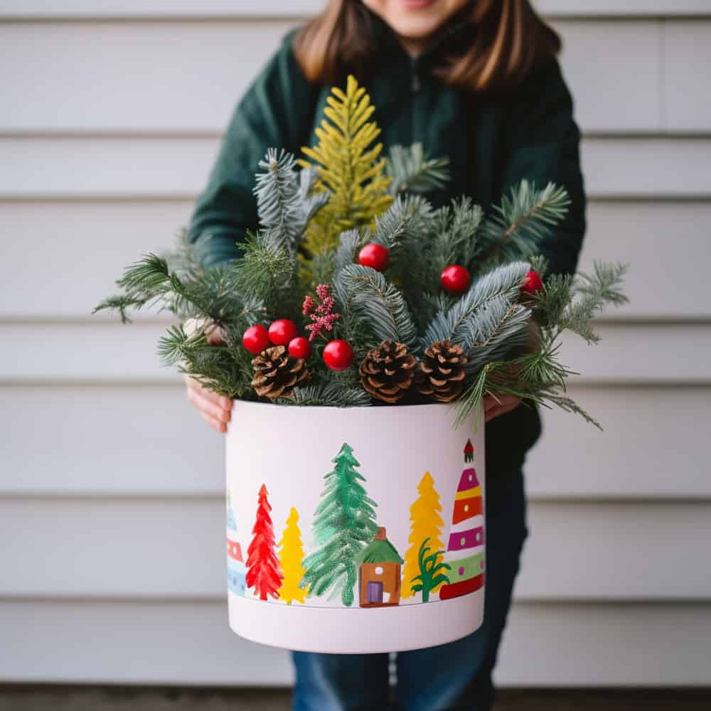 Woman holding a homemade holiday themed planter