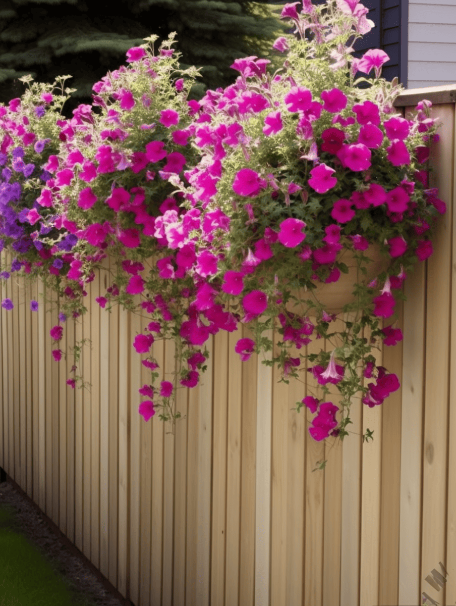 Large overflowing hanging planters burst with vibrant pink and purple petunias against the warm backdrop of a wooden fence, evoking a lush and welcoming garden ambiance ar 3:4