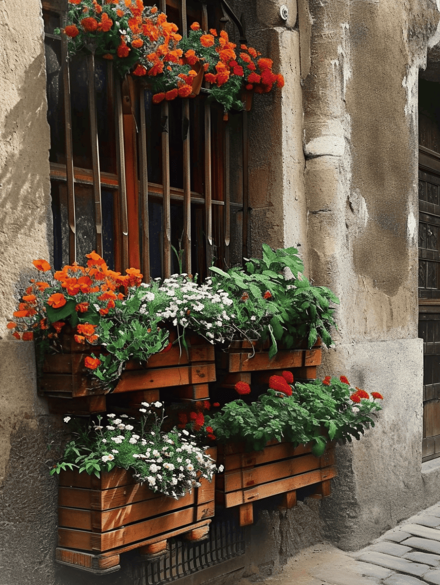 Layered wooden planters affixed to a rustic window grille overflow with vibrant orange marigolds, delicate white daisies, and rich red blooms, enhancing the textured charm of the old stone building ar 3:4