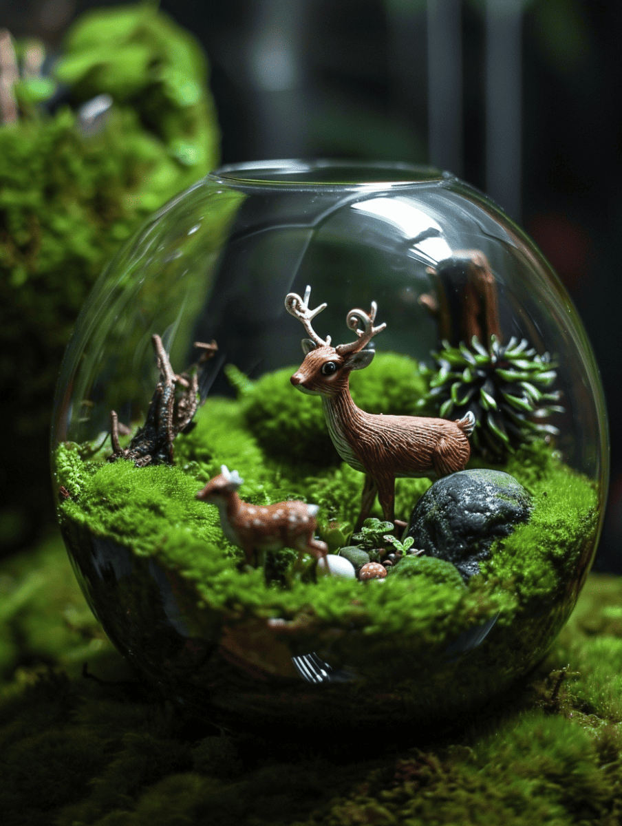Within a spherical glass terrarium, little ceramic deer, among other tiny animals, are nestled in a verdant setting of moss, creating an enchanting miniature woodland scene ar 3:4