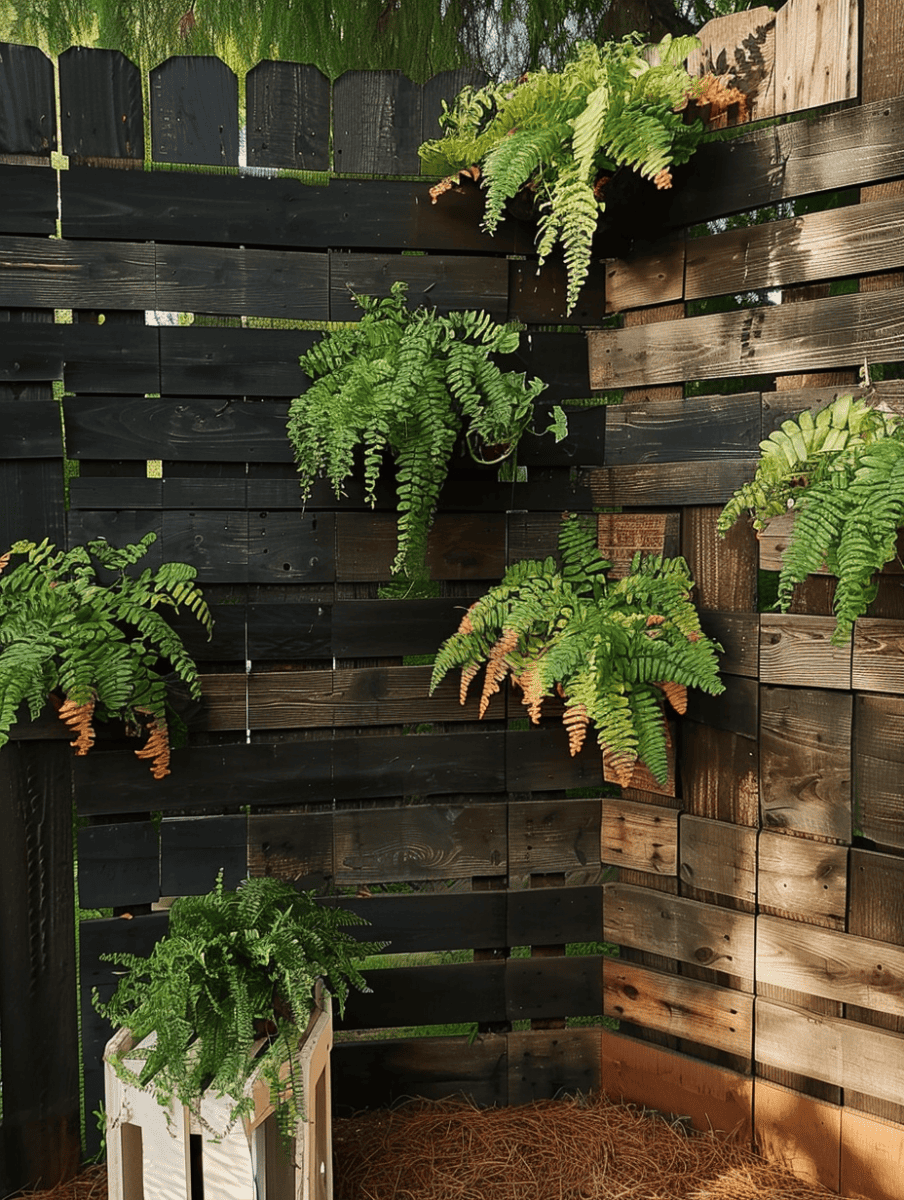 Lush ferns sprout from planters attached to a dark-stained privacy pallet fence, adding a touch of greenery to the secluded nook ar 3:4