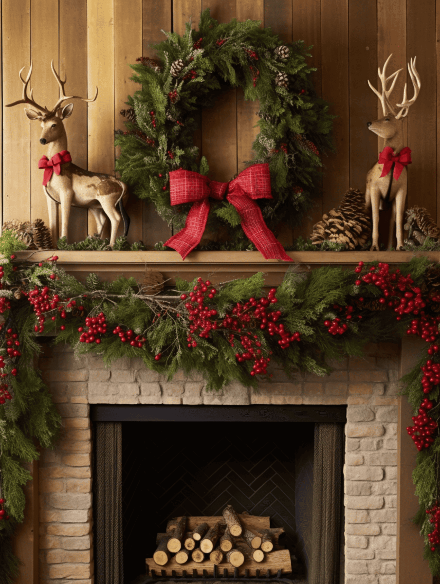 A festive fireplace mantel is adorned with a lush garland of greenery and winter berries, accented with burlap bows, flanked by two decorative trees, and a reindeer figurine, with a wreath of intertwined berries hanging above, all set against a wooden plank wall