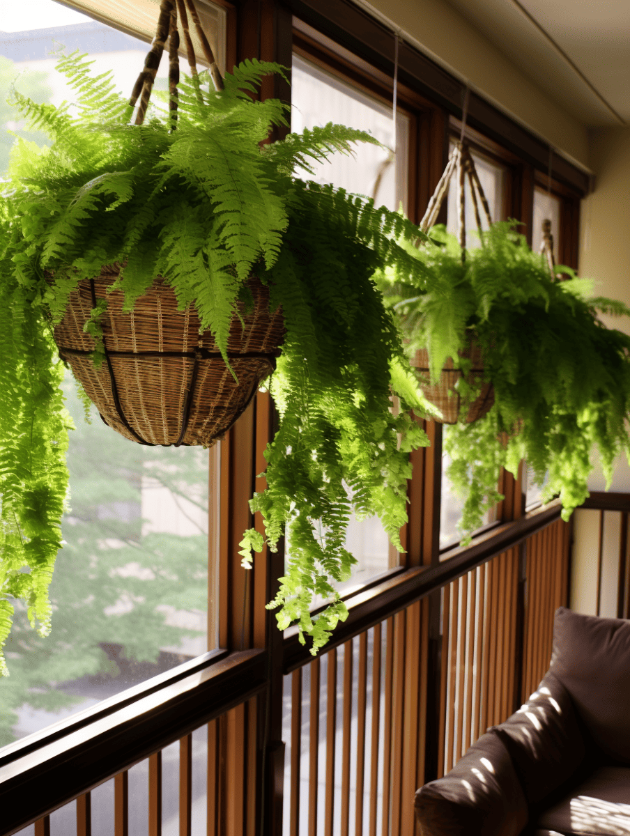 Lush green ferns spill out of woven hanging baskets, suspended in a warmly lit balcony with wood-paneled walls and large windows, next to a dark leather couch ar 3:4
