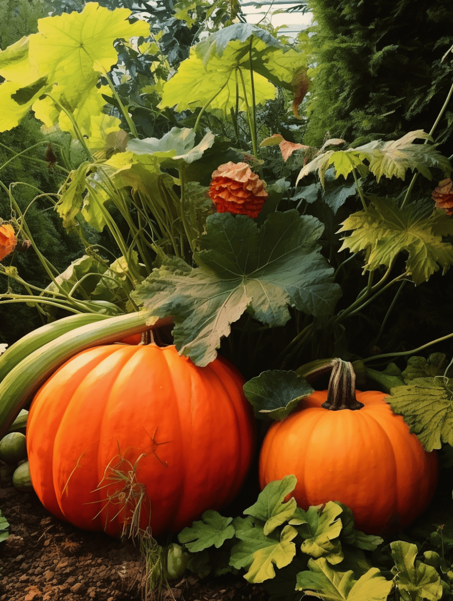 Lush green foliage and vibrant orange pumpkins sit naturally among a garden's verdure, exuding the fresh, earthy feel of a thriving vegetable patch ar 3:4