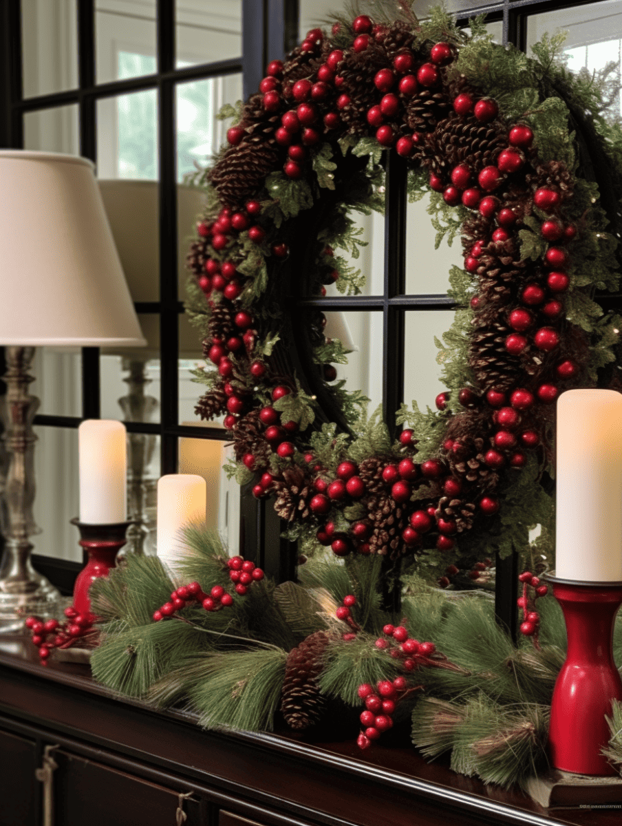 A lush holiday wreath with glossy winter berries and brown pine cones is displayed between two classic table lamps on a mantelpiece, reflected in a large mirror with a black frame, enhancing the festive ambiance of the room