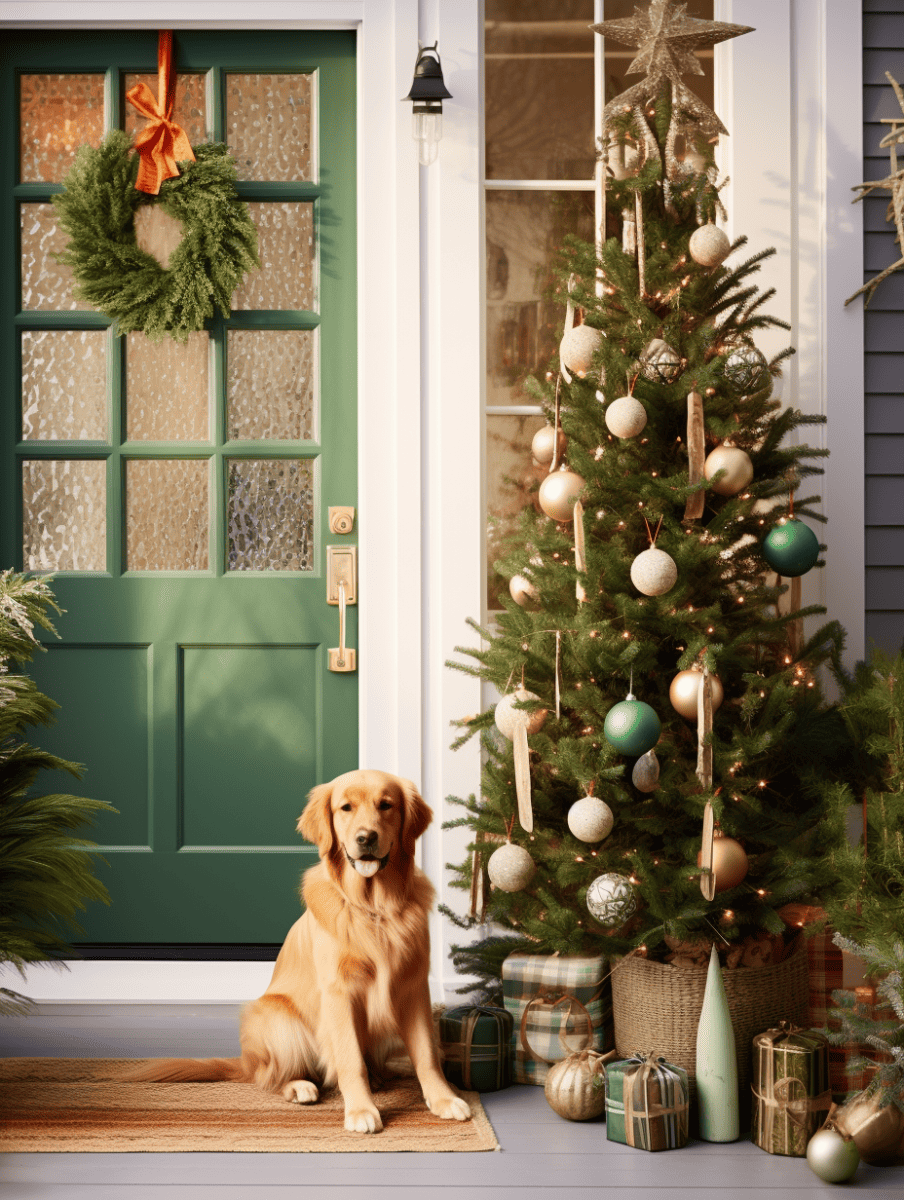 A serene holiday scene at a front door with a green wreath and a lantern, featuring a Golden Retriever sitting patiently beside a decorated Christmas tree with gold and green ornaments, surrounded by wrapped presents, evoking a sense of home and celebration