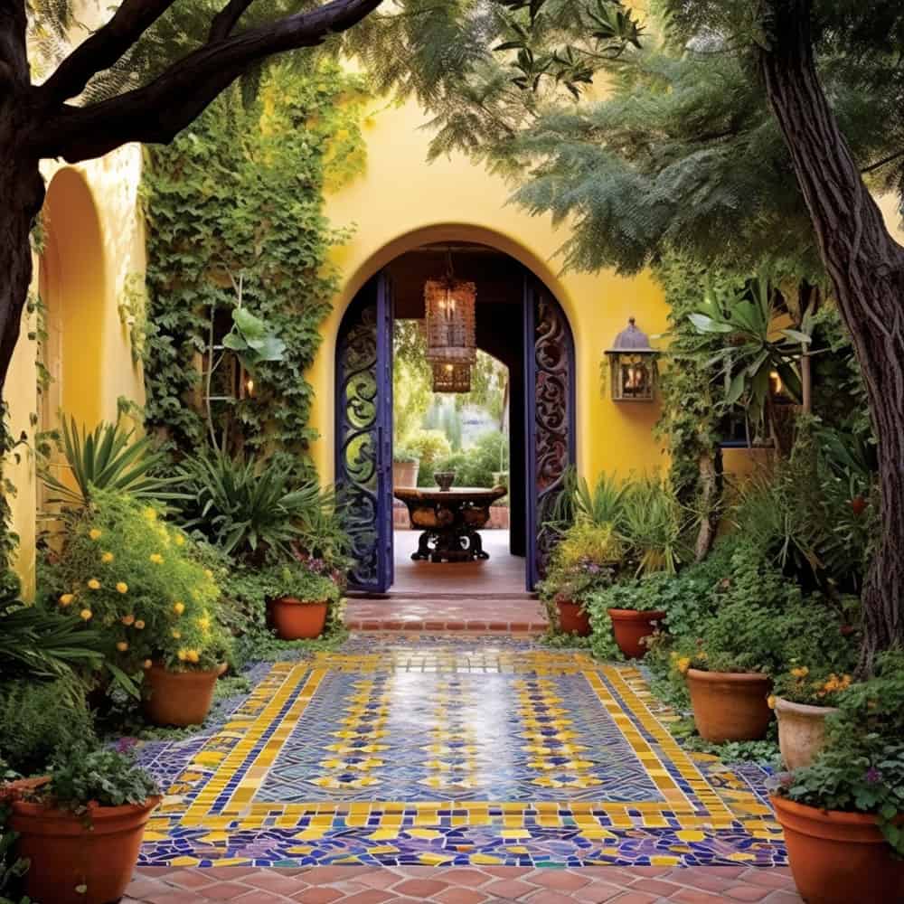 Front door Mediterranean-inspired courtyard terracotta, ocean blue, or mustard yellow, while the ground beneath your feet is a mosaic of antique stone pavers or tiles laid in intricate patterns big evergreen trees