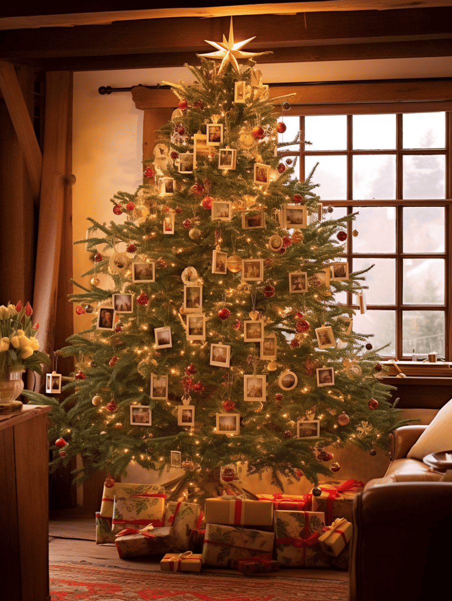 A richly decorated Christmas tree, likely a Fraser Fir, adorned with twinkling lights, red ornaments, and framed photographs, set in a cozy room with wrapped gifts at its base, illuminated by the soft glow of a star topper