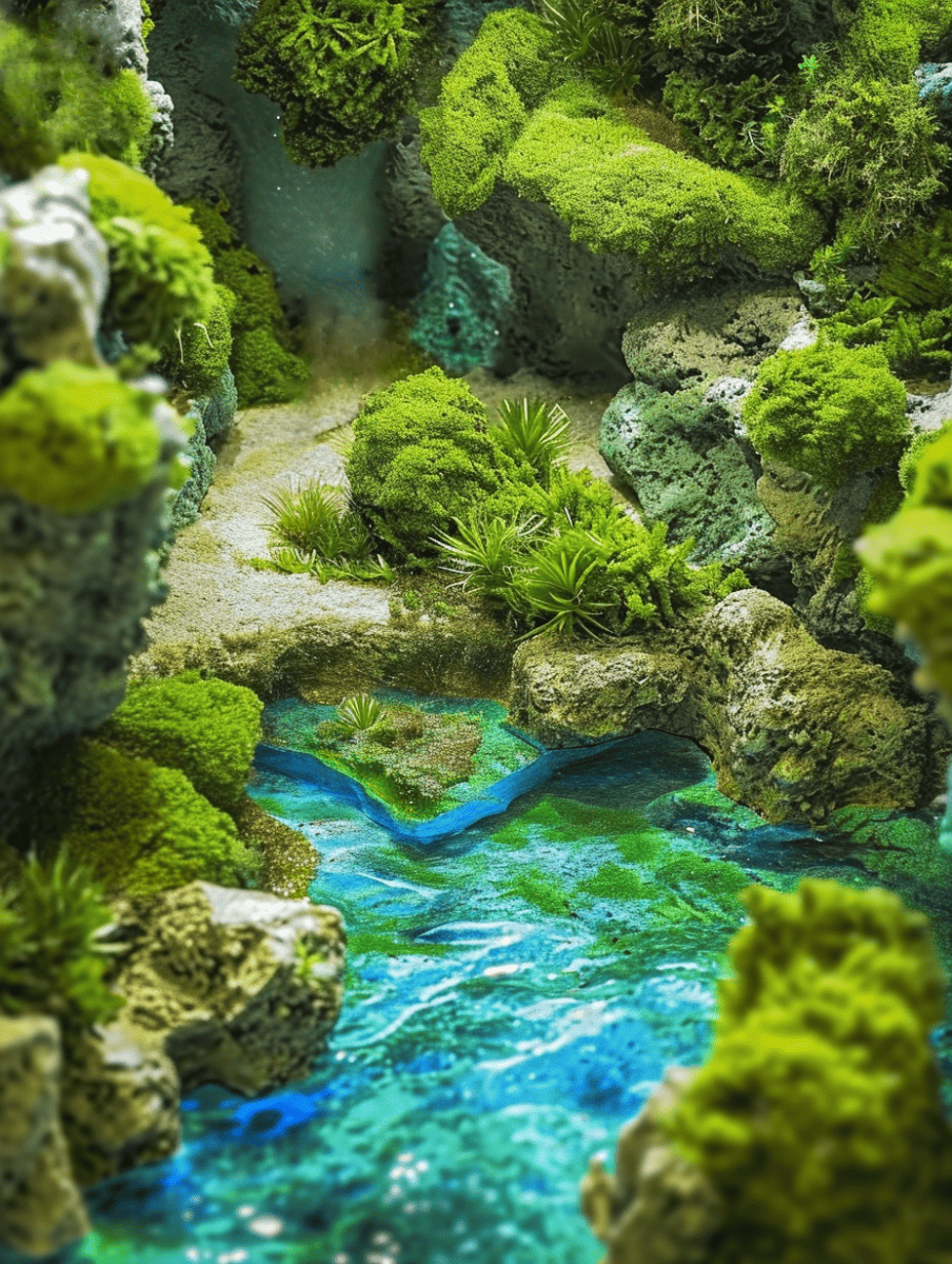 A vibrant, miniature landscape with lush green moss covering jagged rocks and a small, serene pool of clear blue water nestled within ar 3:4