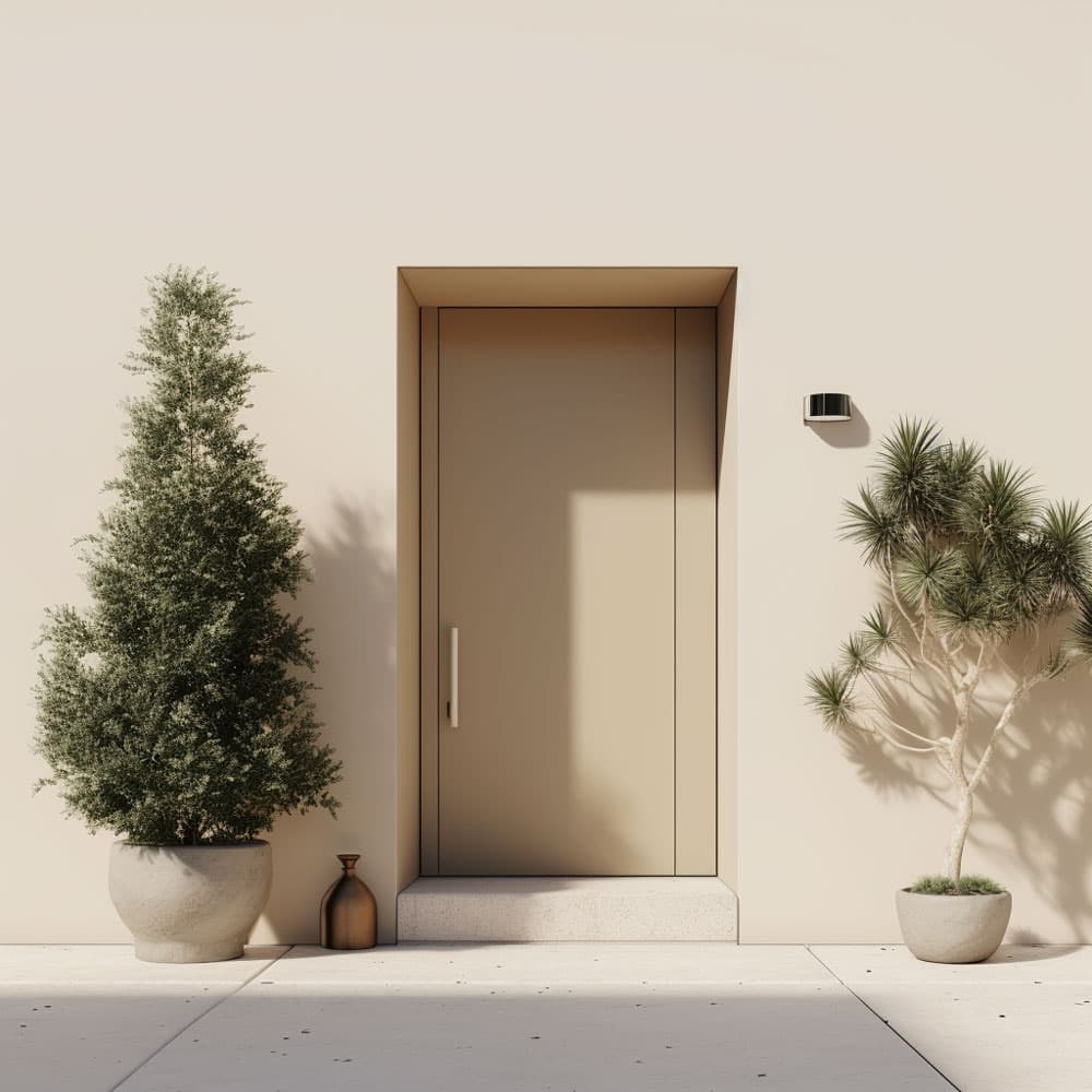 minimalist beige front door with evergreens