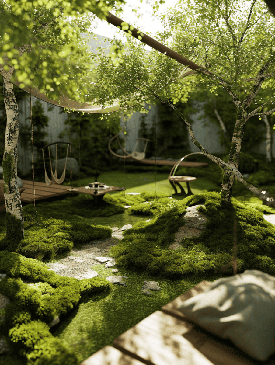 A serene moss-covered playground nestles in a garden, with stepping stones winding through the soft green carpet, and wooden swings and a slide beneath the dappled shade of overhanging trees ar 3:4