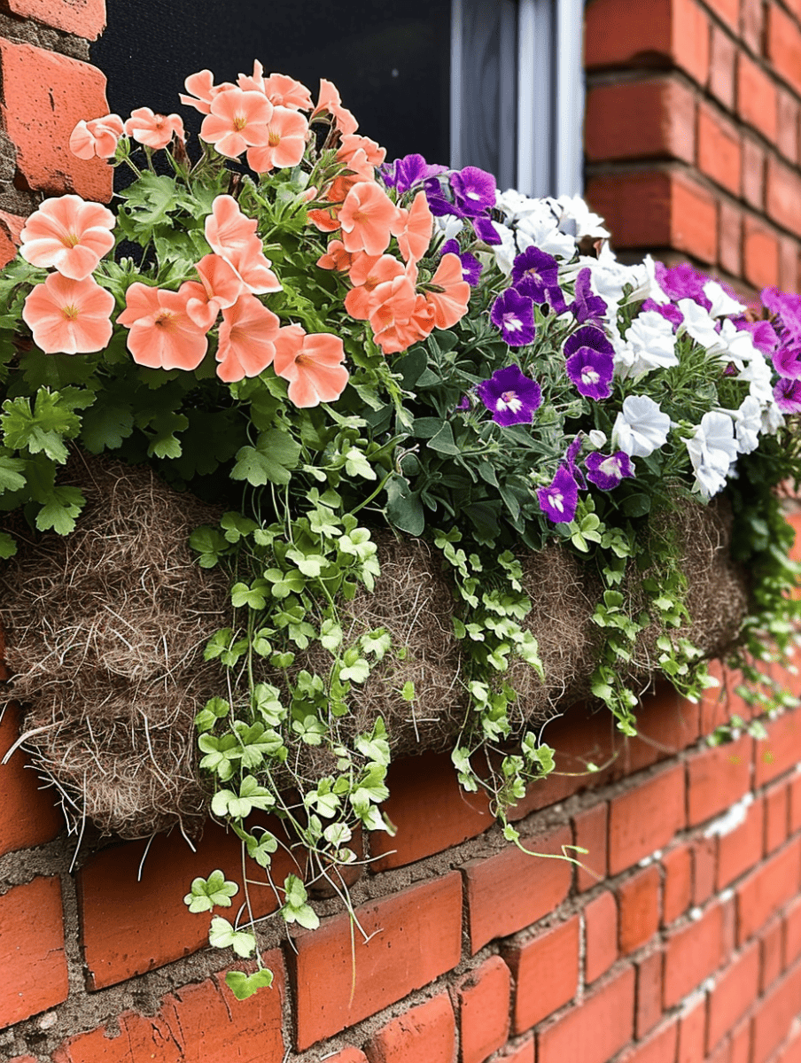 Nestled against a brick wall, a natural fiber window box overflows with white variegated foliage, flanked by a vibrant show of peach, purple, and white blossoms, with delicate green tendrils cascading gently over the edge ar 3:4