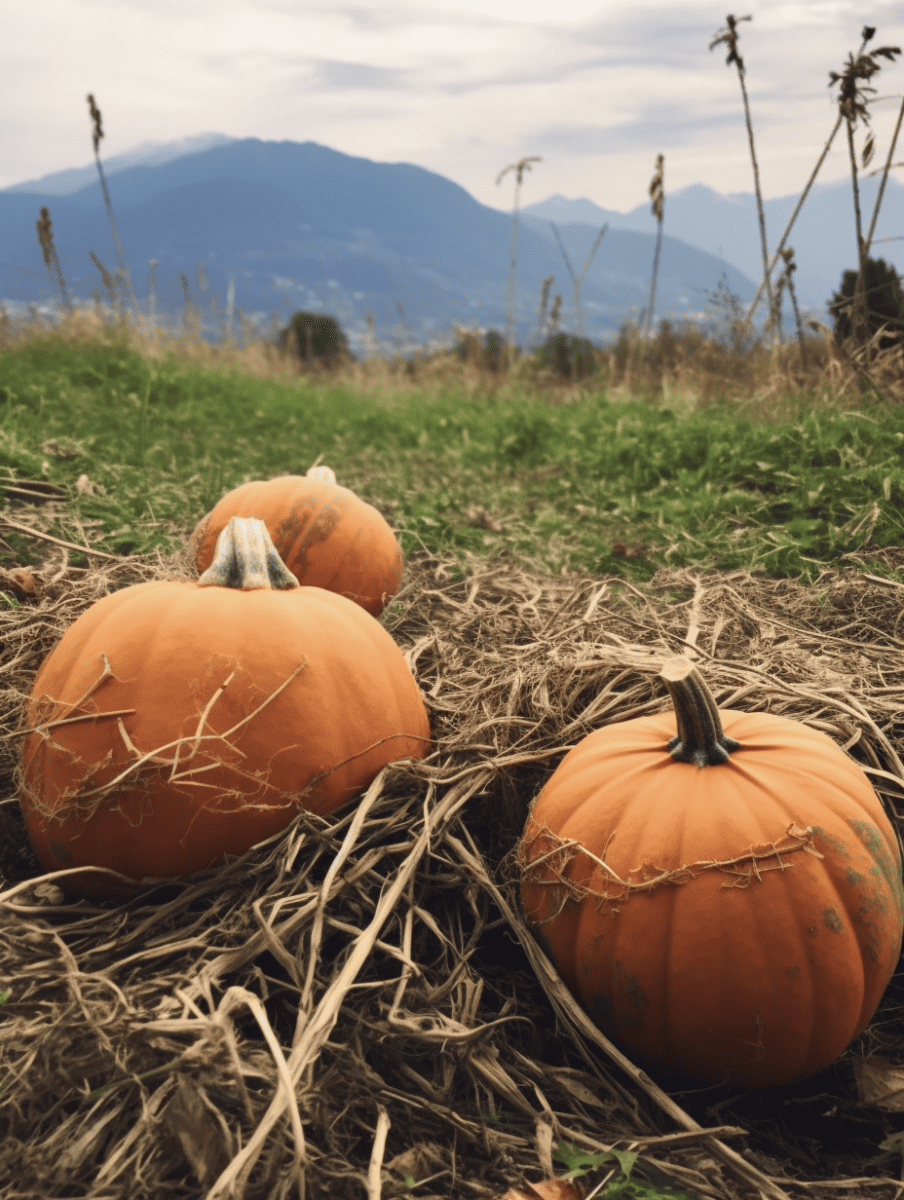 Orange pumpkins rest on a bed of dry straw with a soft-focus backdrop of a mountainous landscape, capturing the essence of autumn's harvest ar 3:4