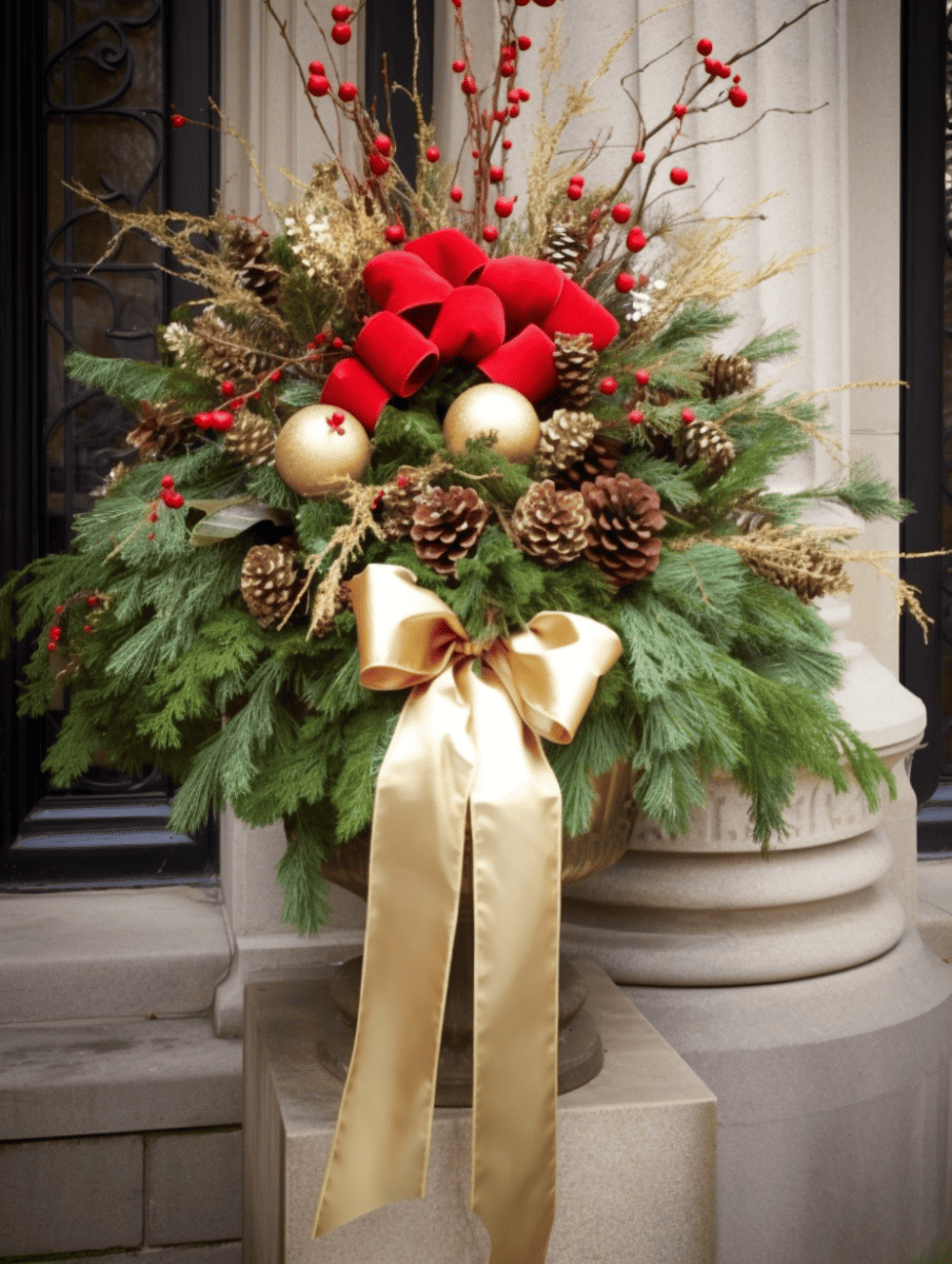 A festive outdoor floral arrangement sits atop a stone pedestal, featuring a lush assortment of greenery, sprigs of bright red winterberries, gold ornaments, a large pine cone at the center, and delicate branches reaching upwards, all tied together with a luxurious gold bow