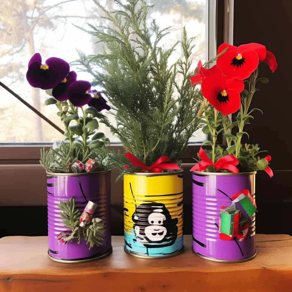 Painted can planters on the kitchen table