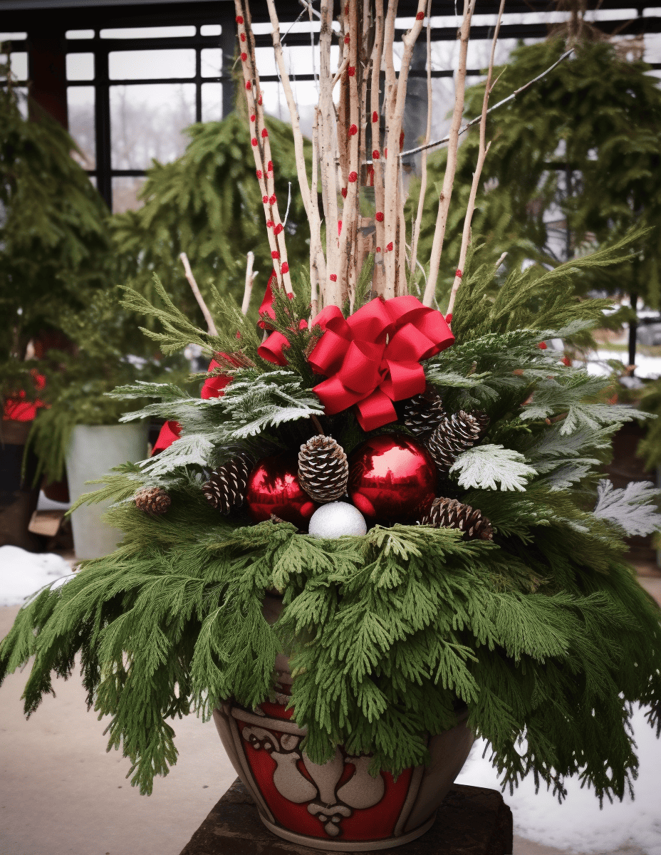A festive holiday arrangement with Cedar boughs spilling out of a decorative pot, accented by a bold red bow, shiny red and white ornaments, pine cones, and birch branches dotted with red berries, all set against a wintry greenhouse backdrop