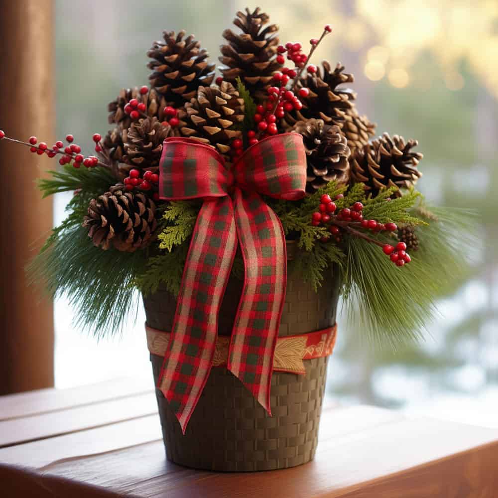 Pinecone and Plaid Planter: Use a variety of pinecones and plaid ribbons for a cozy, cabin-like feel