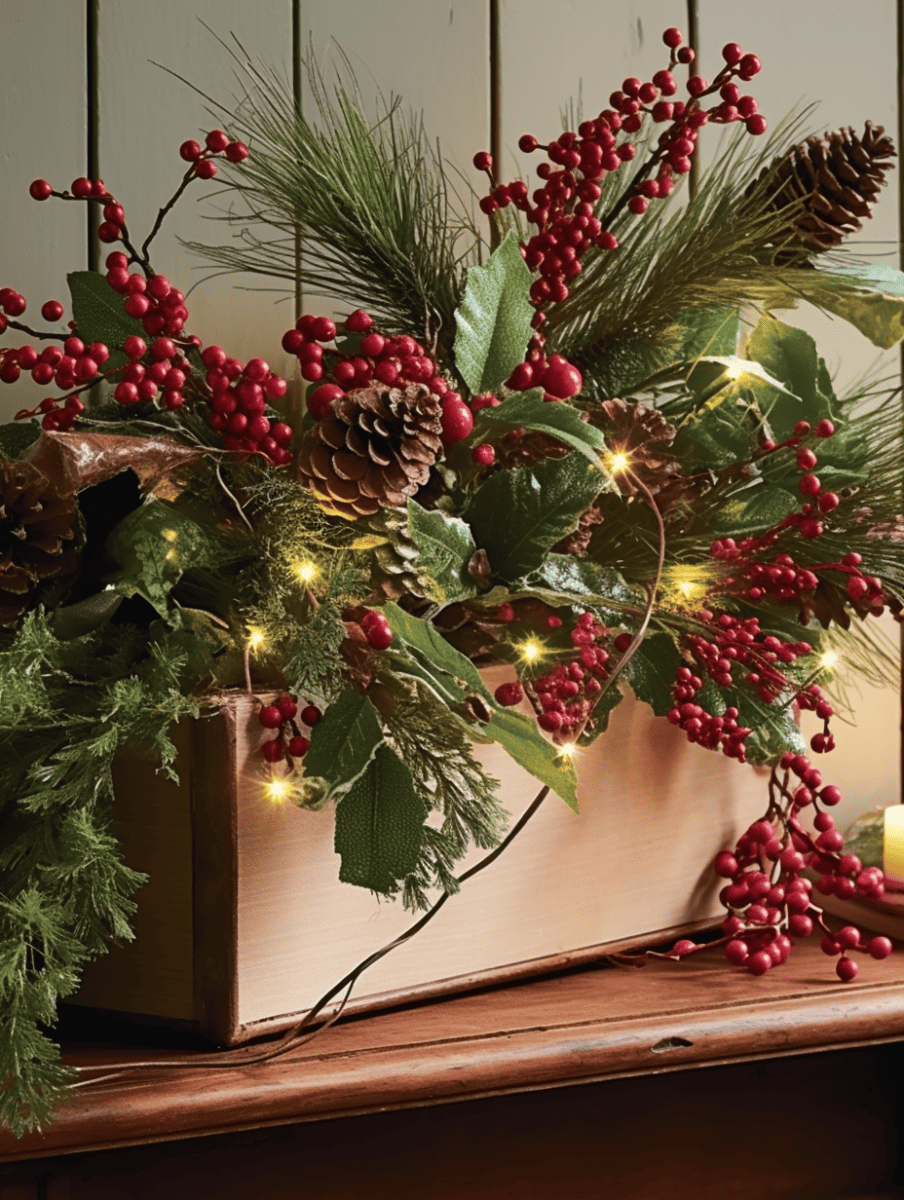 An enchanting Christmas arrangement spills out of a natural wood planter box, showcasing a rich tapestry of greenery with sprigs of pine, holly, and mistletoe, punctuated by clusters of winter berries and a solitary pine cone, all enhanced with twinkling string lights, poised on a shelf above a collection of books