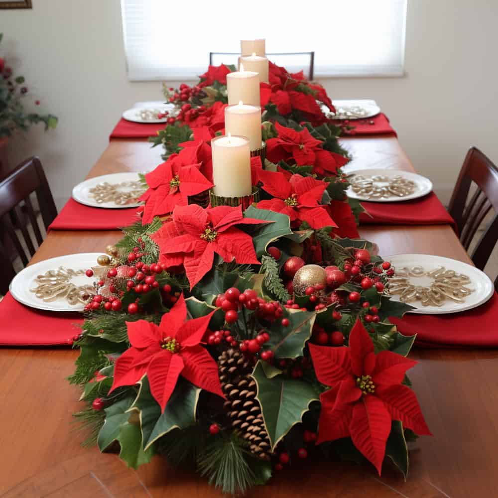 A long centerpiece of red poinsettias at the dining table