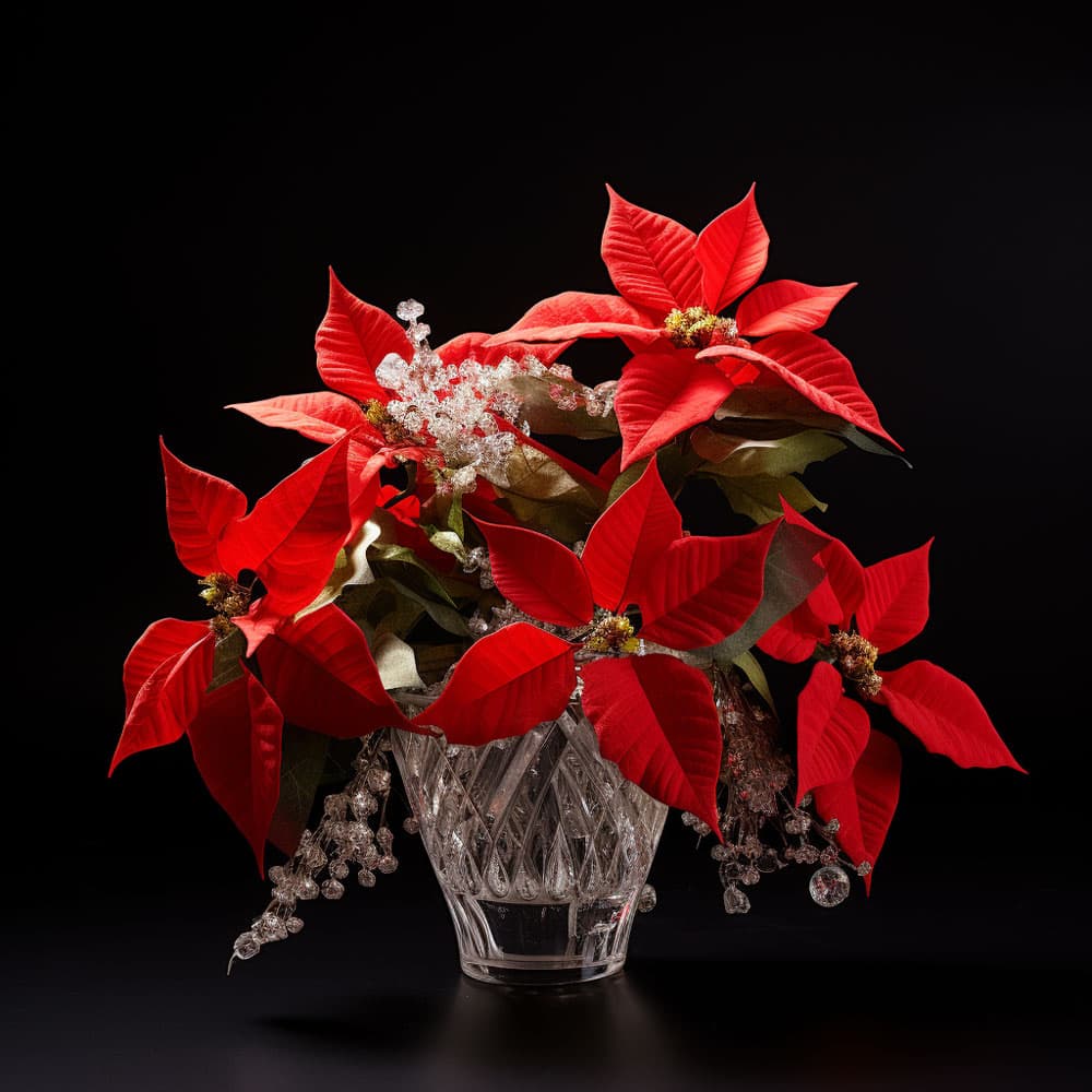 A cascade of crystal and red poinsettias 