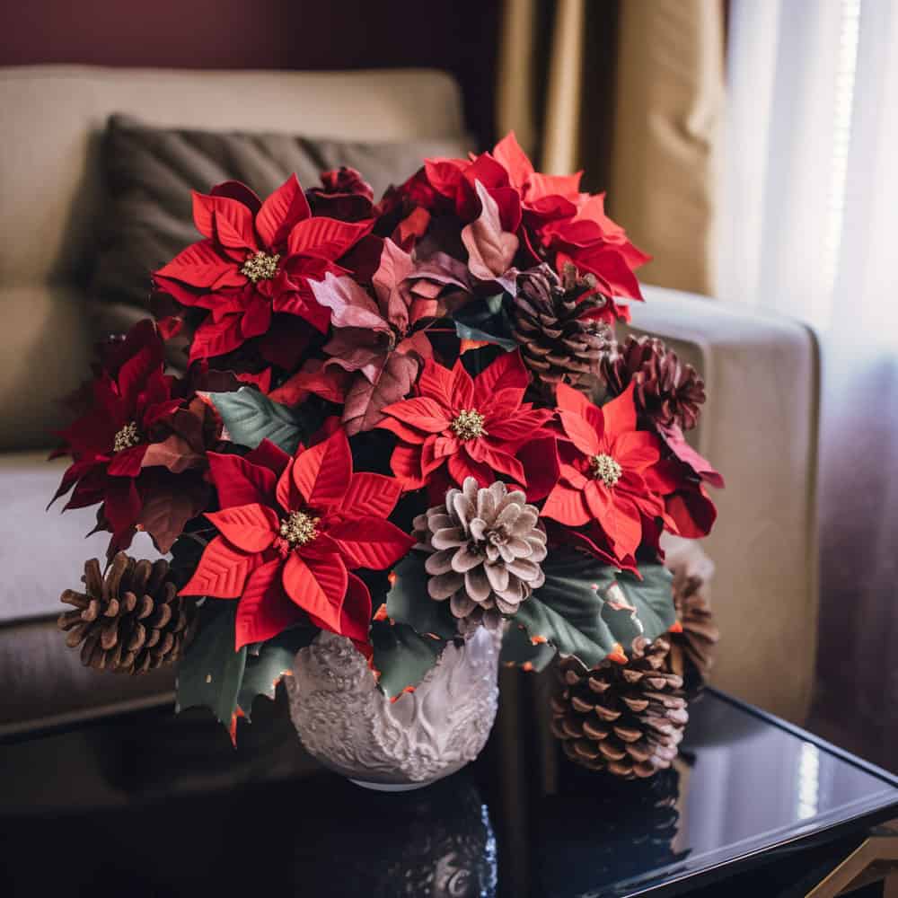 Beautiful bright centerpiece of poinsettia and pinecones