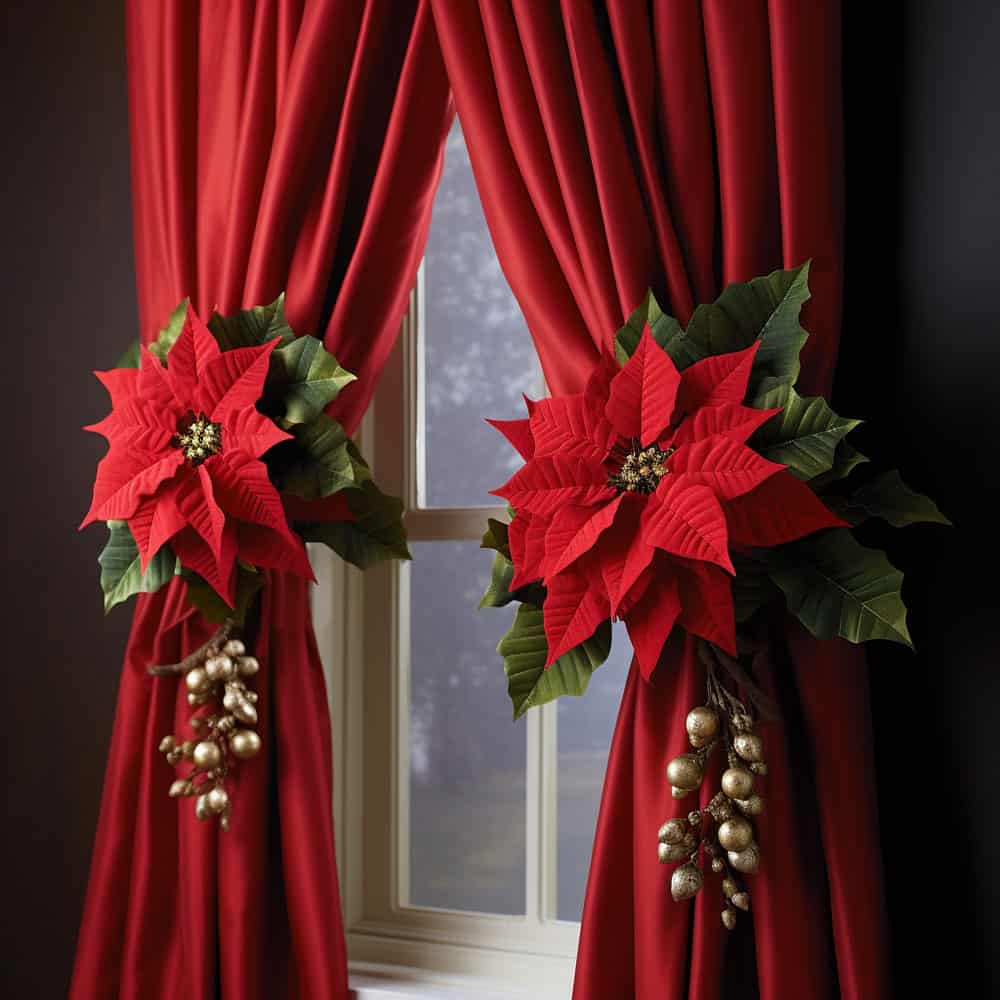 Curtains decorated with red poinsettias to match a Christmas theme