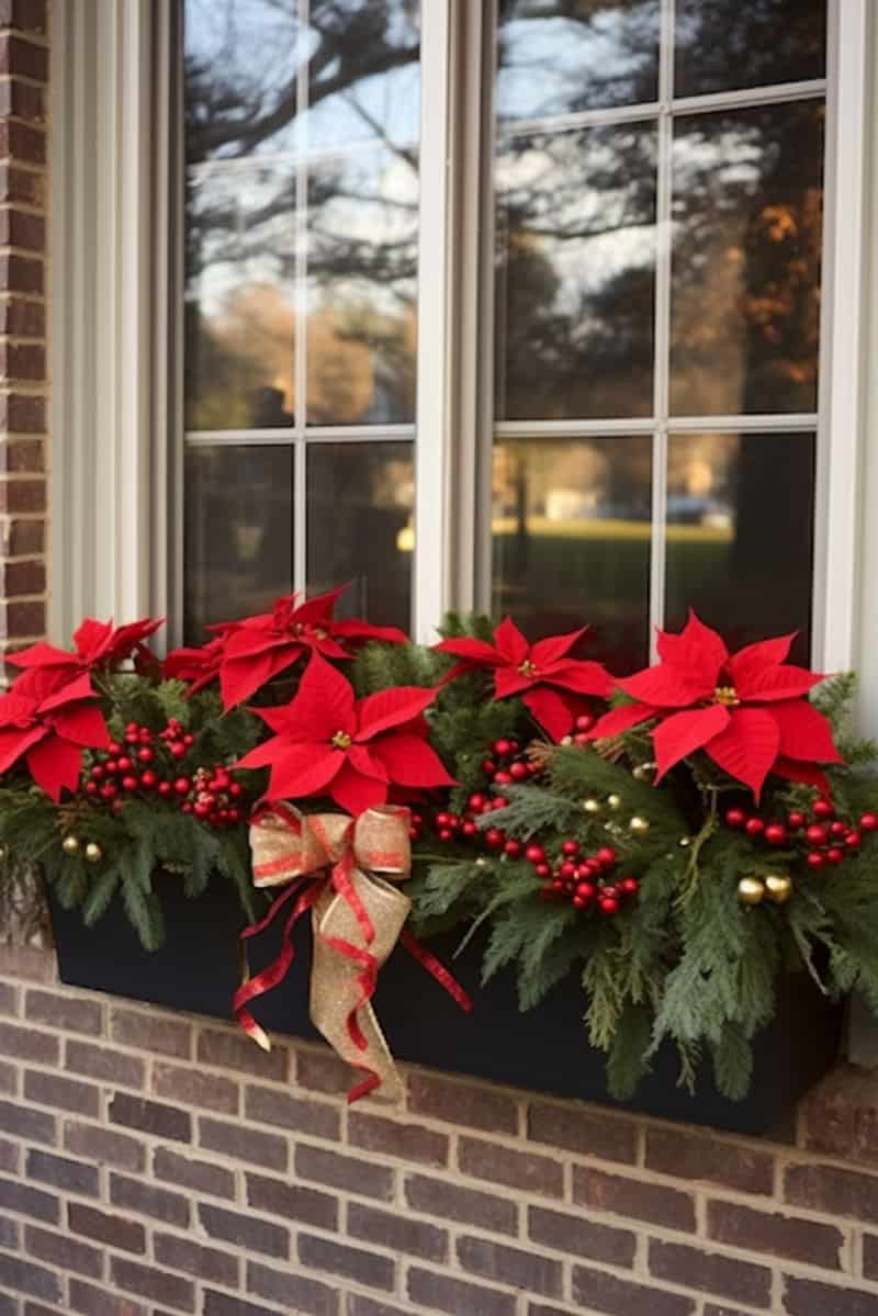Blooming poinsettias placed on the window