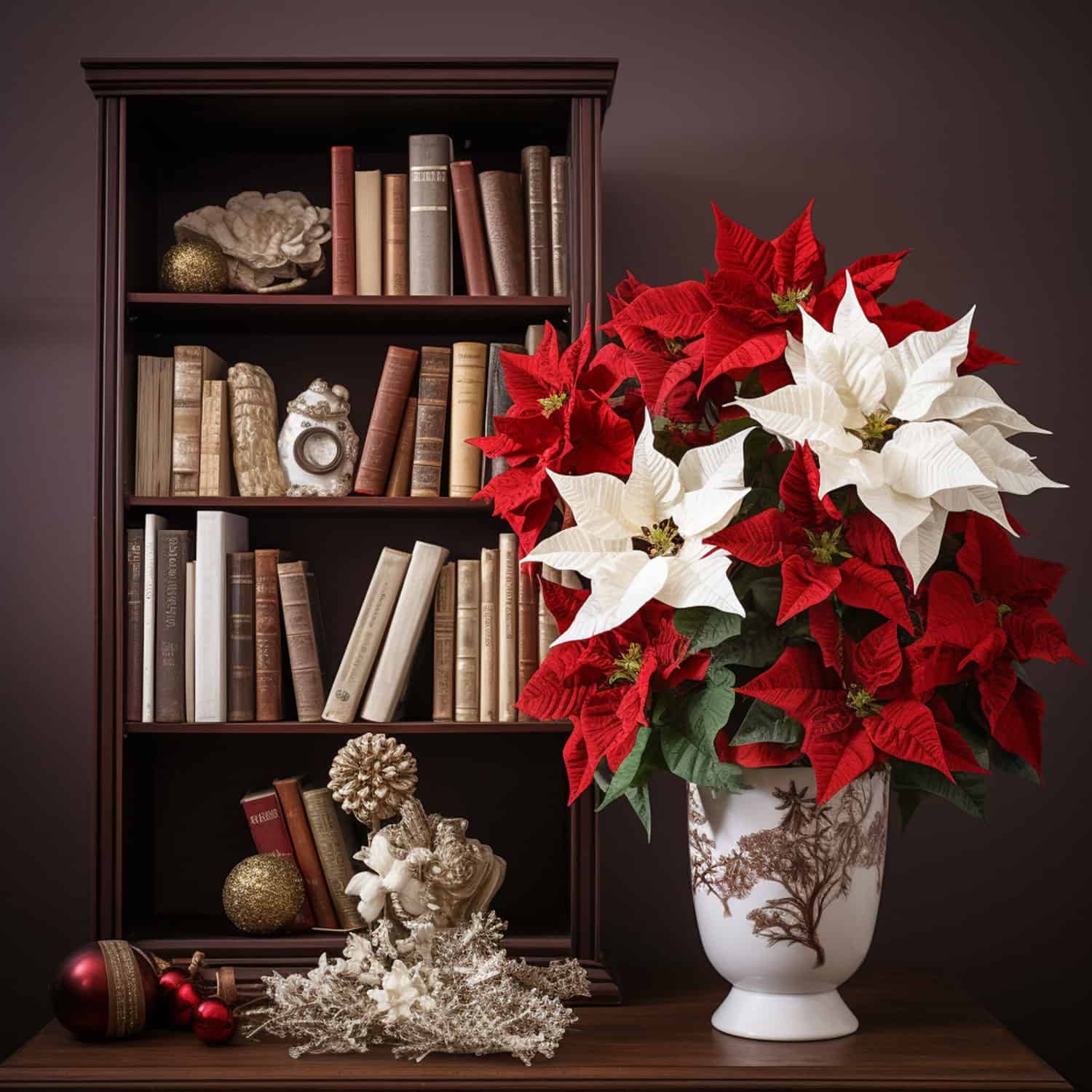 A vase full of white and red Poinsettias 