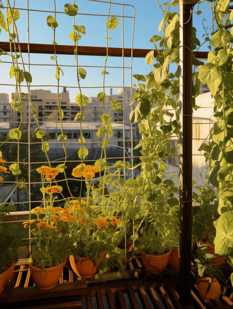 The balcony garden is drenched in golden sunlight, showcasing terracotta pots with yellow marigolds and robust pumpkin vines that climb a metal trellis against an urban backdrop ar 3:4