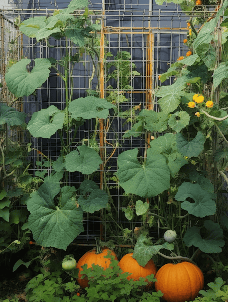 Pumpkin vines with expansive green leaves and bright yellow flowers ascend a metal trellis, showcasing the growth and vitality of the plant ar 3:4
