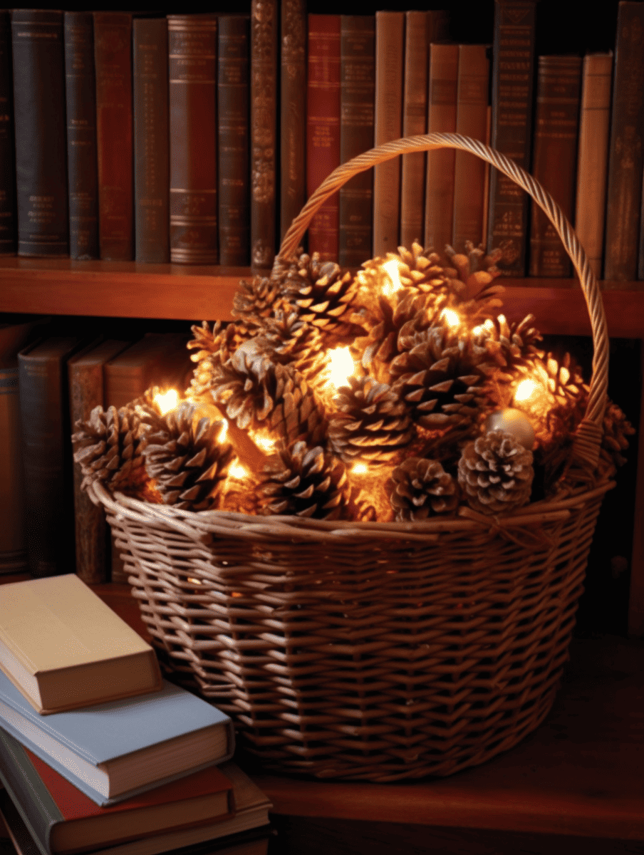 Wicker basket filled with pinecones and lights on a bookshelf beside stacked books