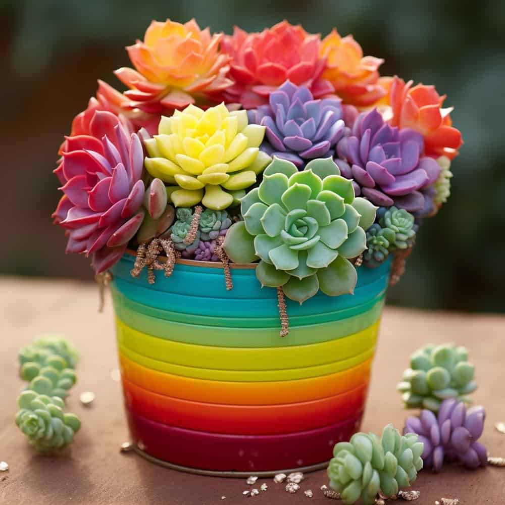 Rainbow Holiday Planter: For a non-traditional approach, use a spectrum of colors in your decorations for the planter with green succulents